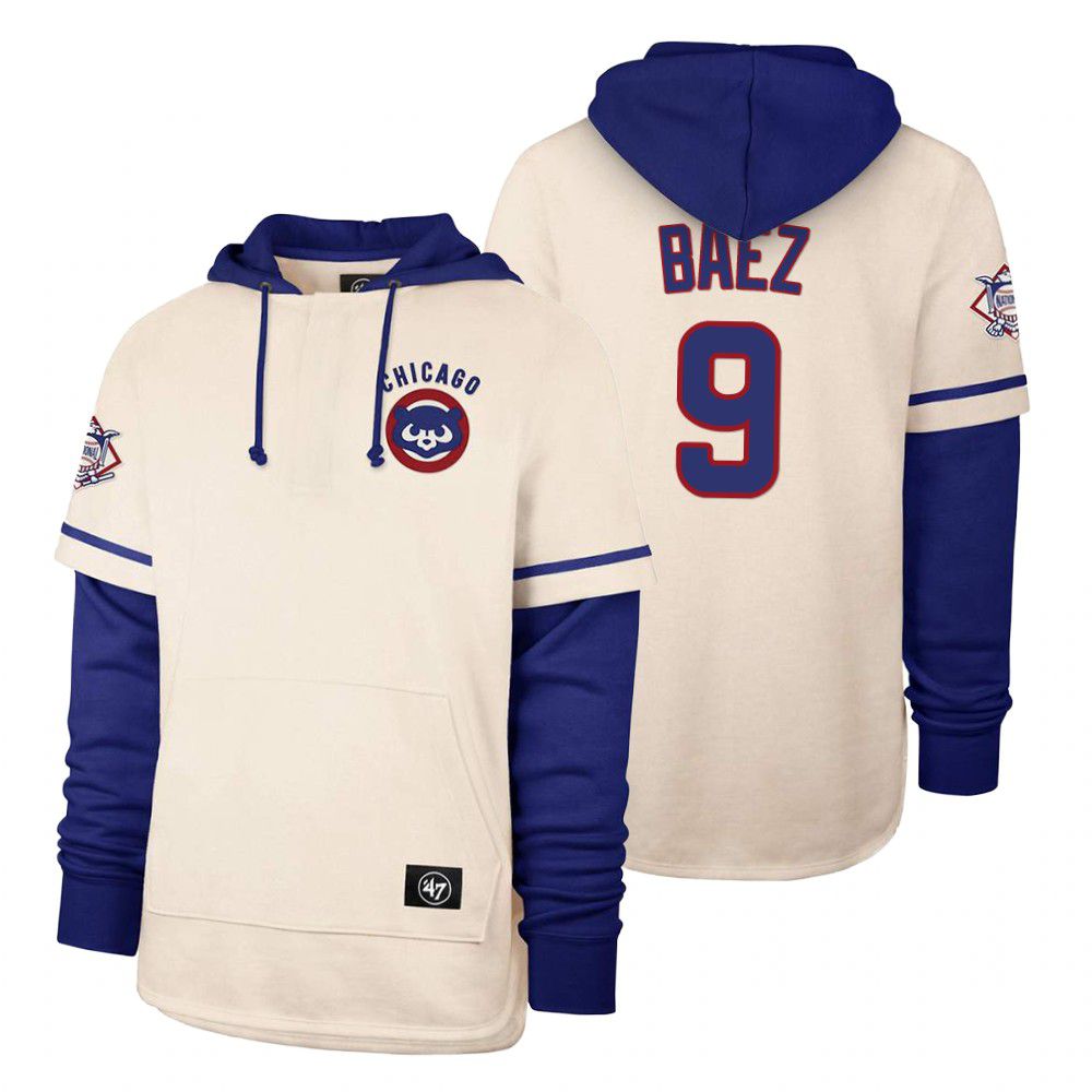 Men Chicago Cubs #9 Baez Cream 2021 Pullover Hoodie MLB Jersey